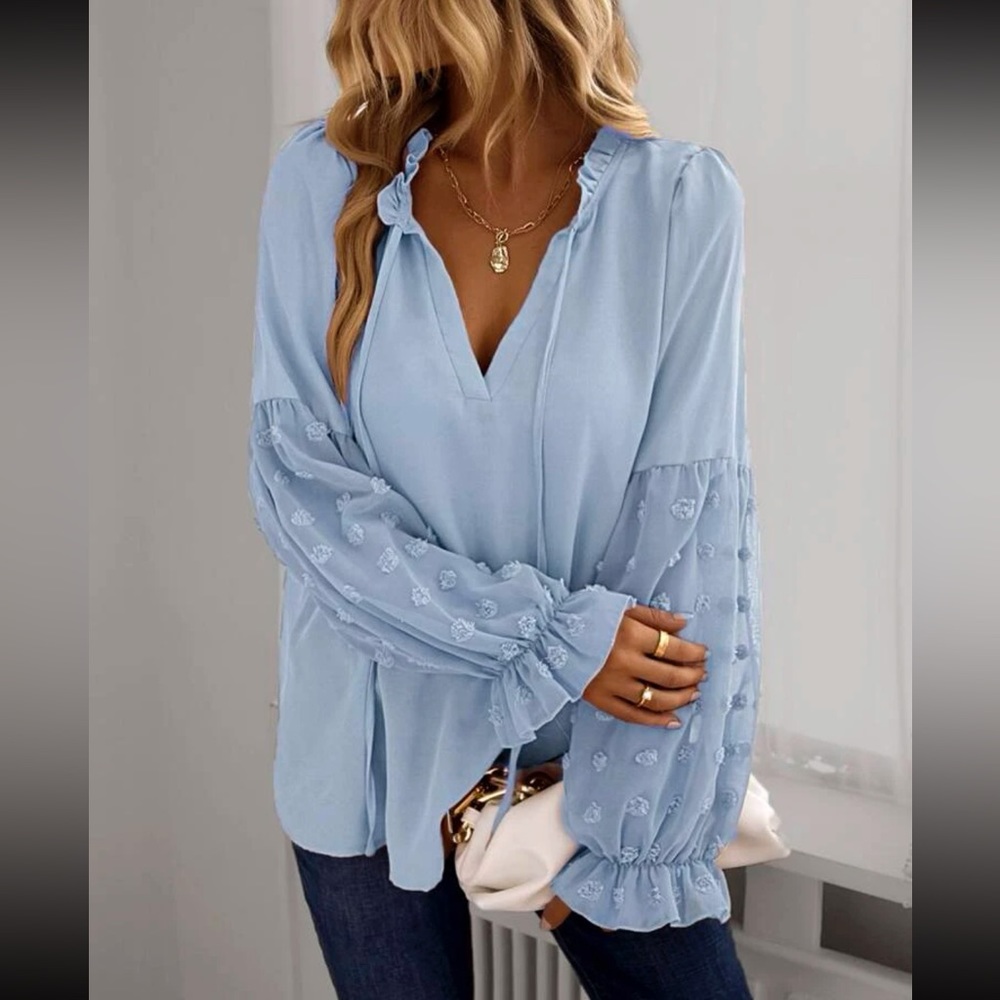 Boho  Swiss dot sleeve tie neck blouse - Picture 5 of 13